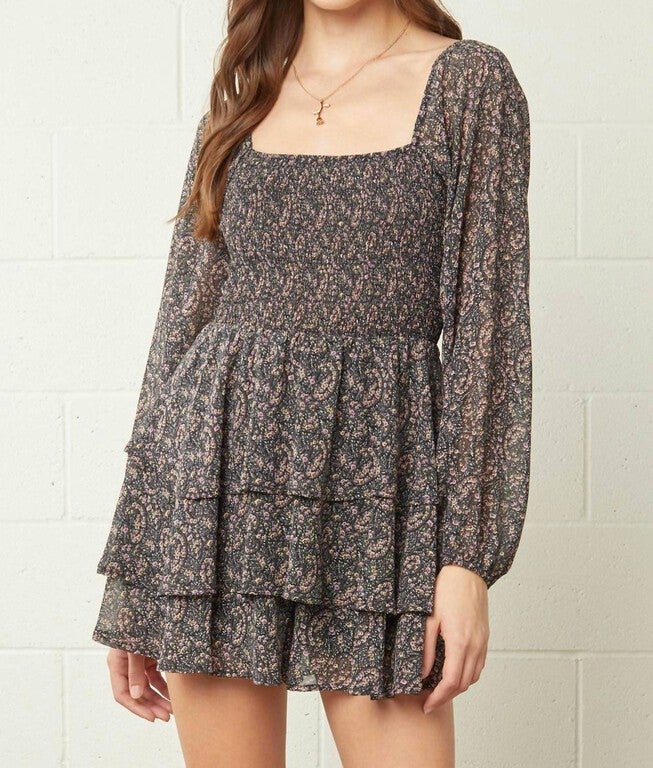 SQUARE NECK LONG SLEEVE ROMPER IN BLACK/FLORAL PRINT, BlackFloral Print / Black, hi-res image number null