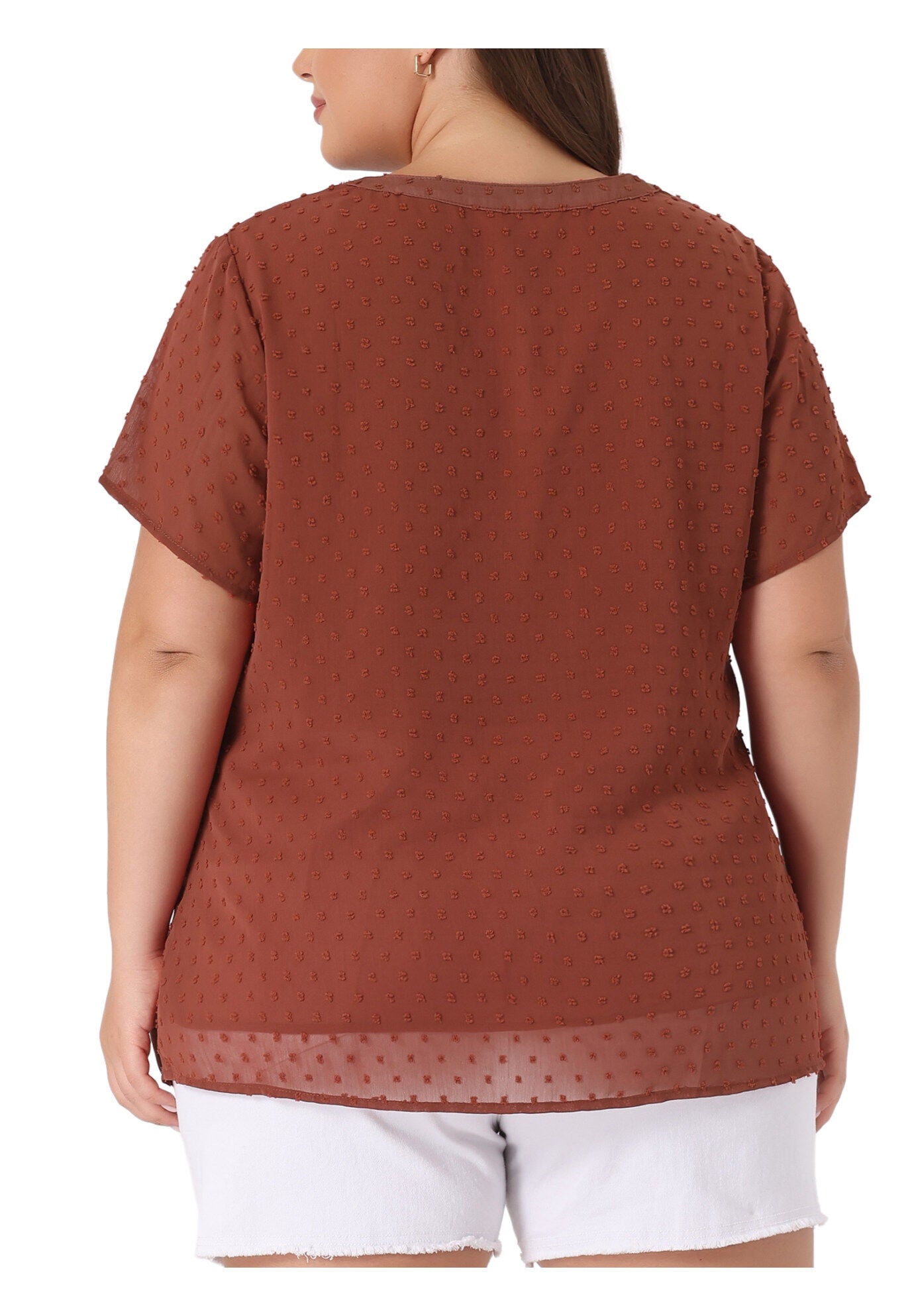 Swiss Dots Notched Neck Short Sleeve Basic Blouse, Caramel / Brown, alternate image number 3