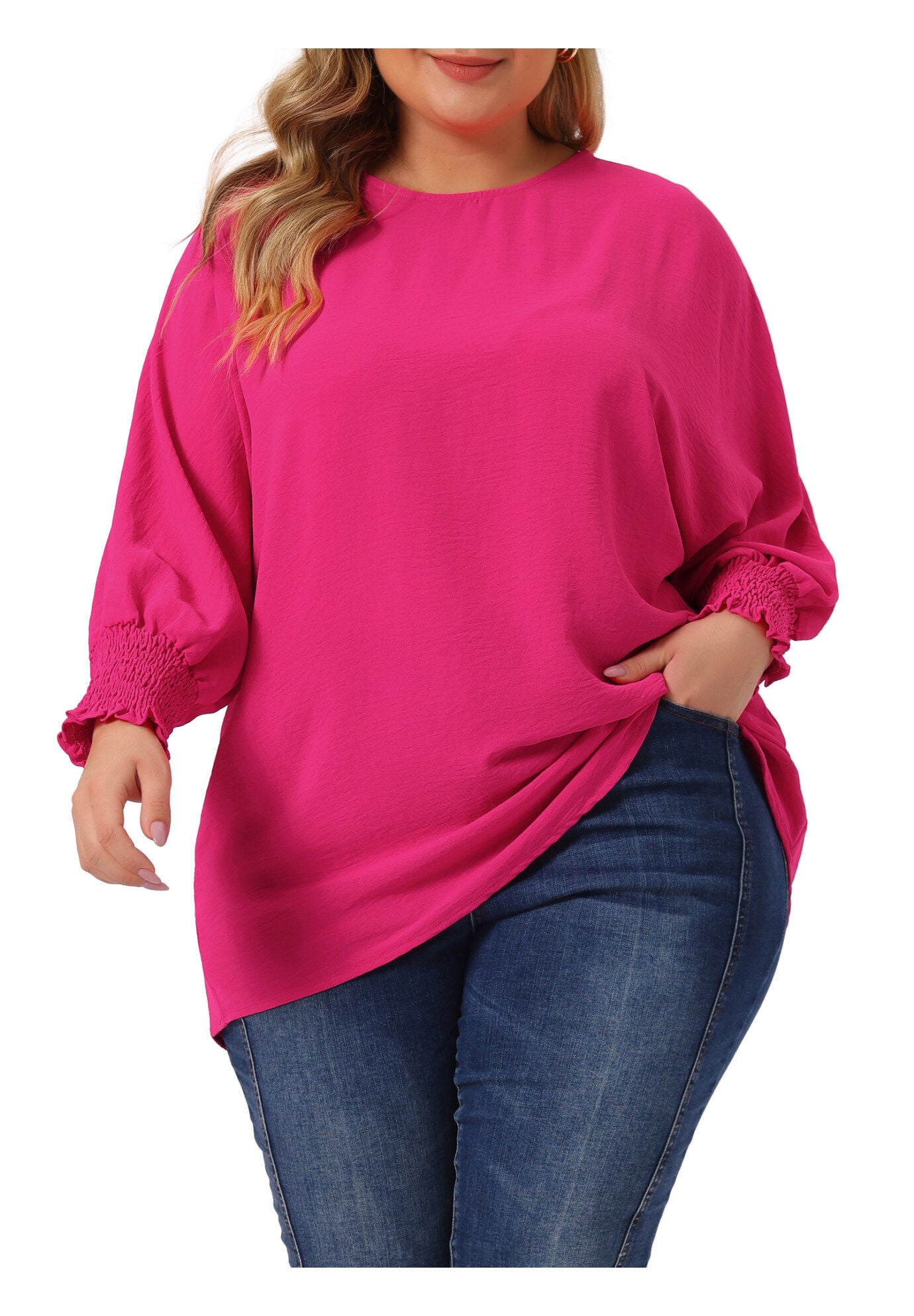 Chiffon Top Batwing Ruffle Long Sleeve Loose T-Shirt Blouse, Hot Pink / Deep Fuchsia, alternate image number 2