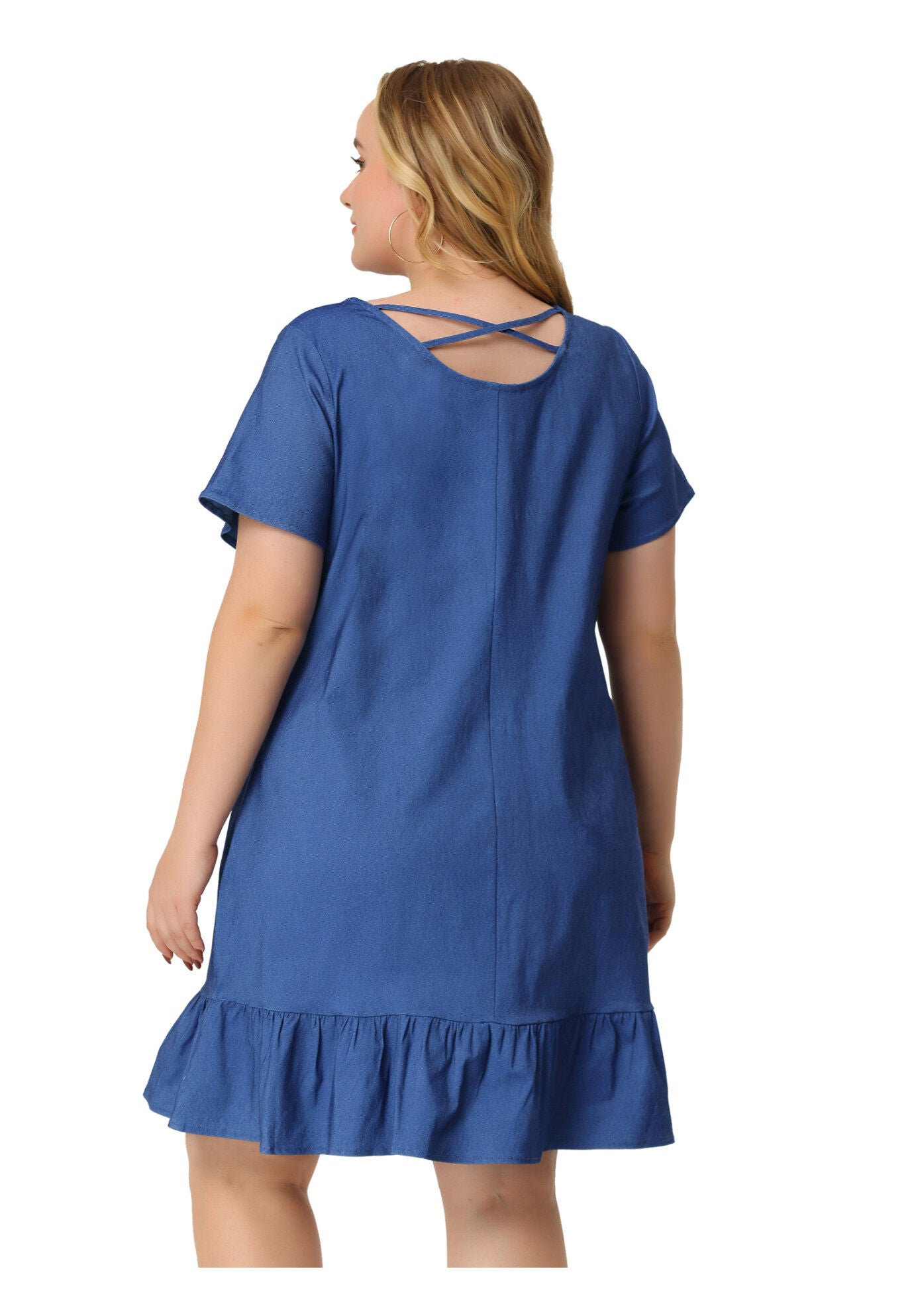 Ruffle Hem Casual Short Sleeve Chambray Dress, Navy Blue / Navy, alternate image number 2