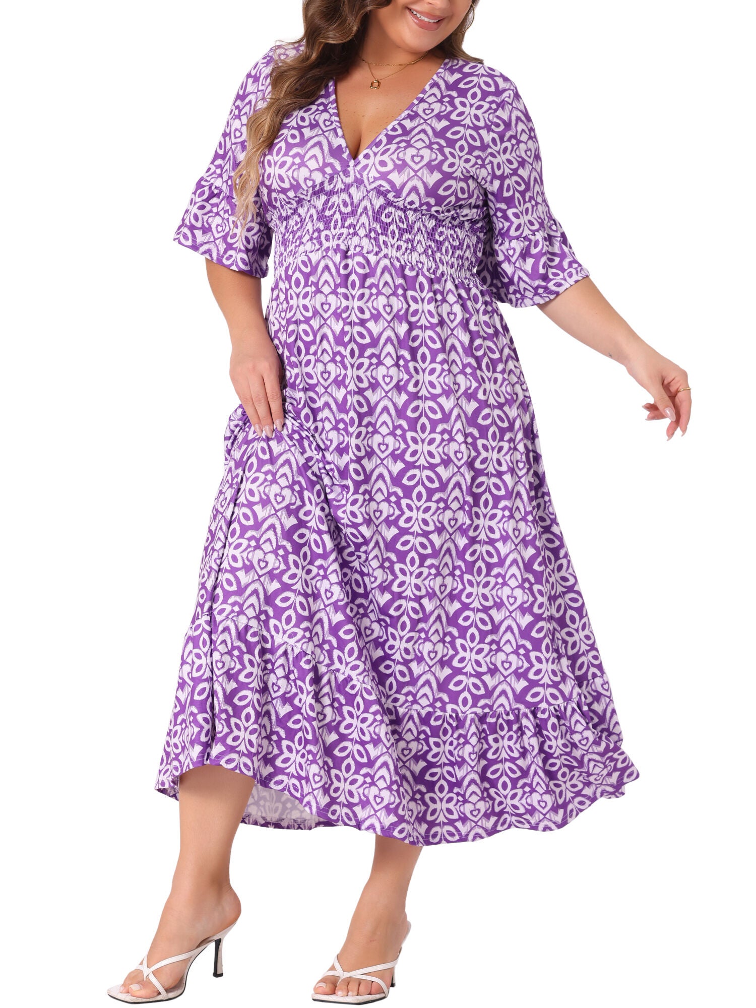Bell Sleeve Ruffled Hem V Neck Short Sleeve Boho A Line Long Dress, Purple / Purple, alternate image number 1