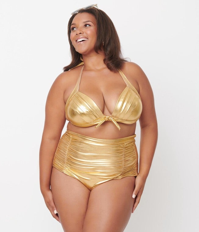 Unique Vintage Gold Monroe High Waist Swim Bottom, Metallic / Gold, alternate image number null