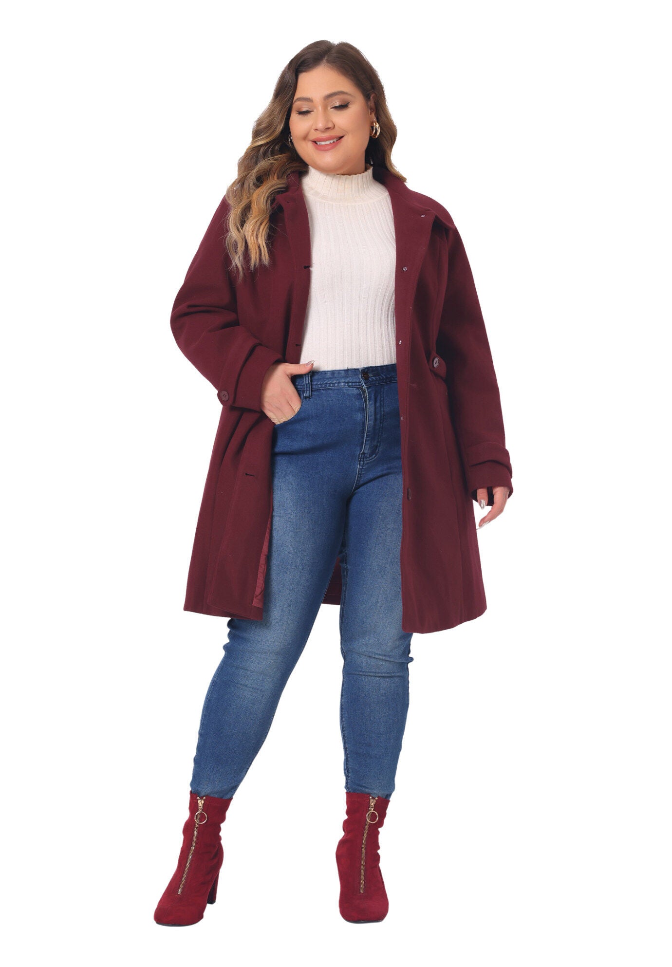 Peter Pan Collar Cuff Single Breasted Trench Long Coat, Burgundy / Red, hi-res image number 0