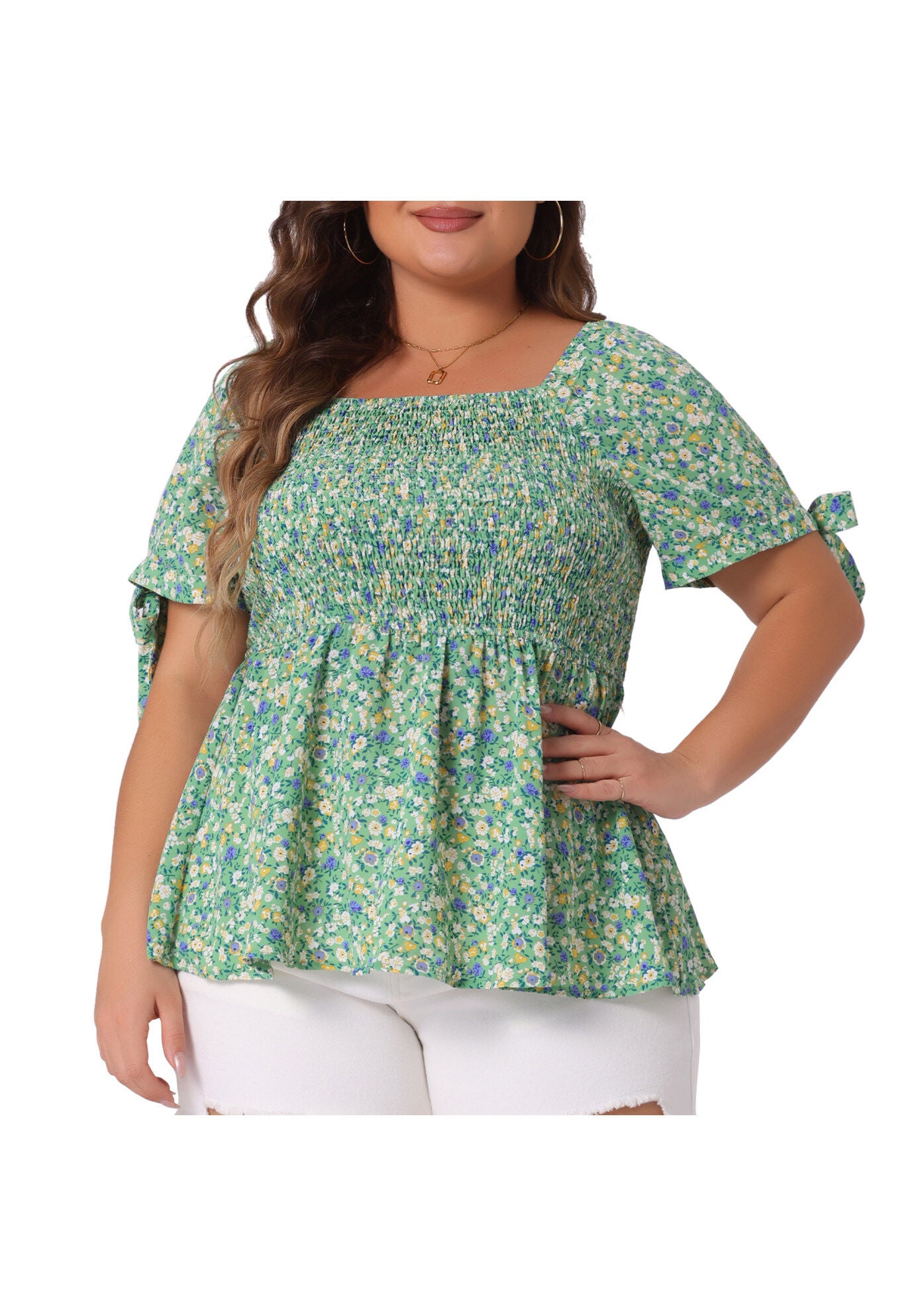 Summer Square Neck Smocked Bow Tie Short Sleeve Peplum Blouse, Green / Kelly Green, alternate image number 2