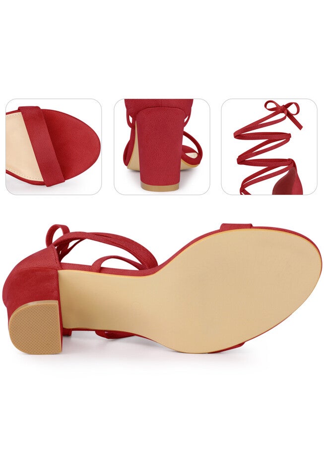 Open Toe Lace Up Chunky Heeled Sandals, Red / Red, alternate image number 2