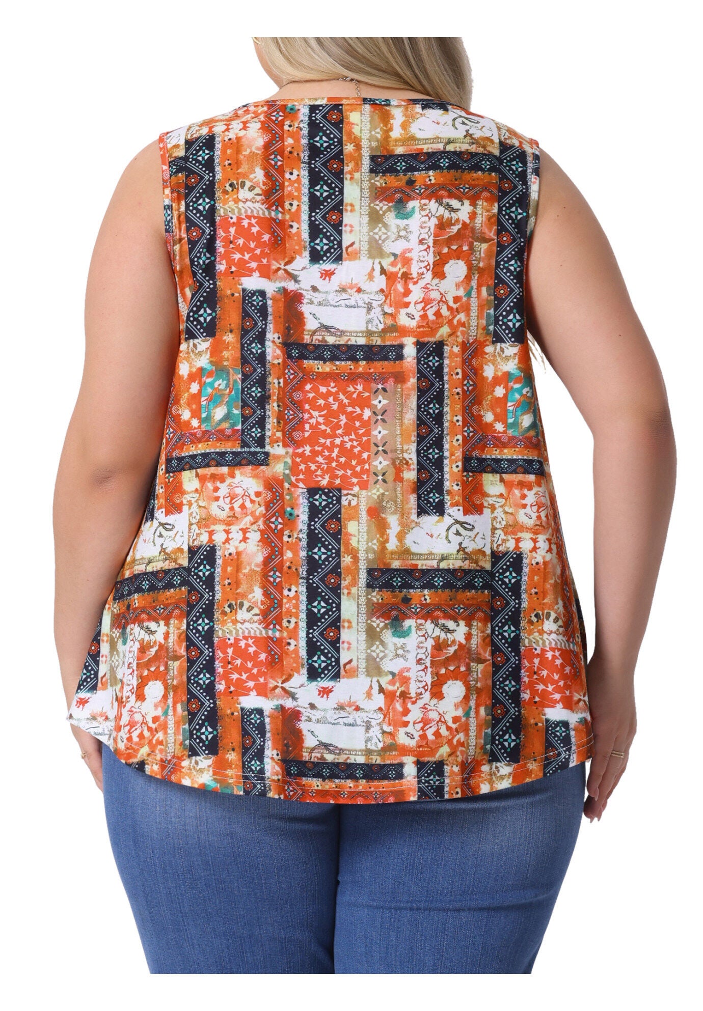 Round Neck Pleated Babydoll Boho Tank Tops, Orange / Orange, alternate image number 3