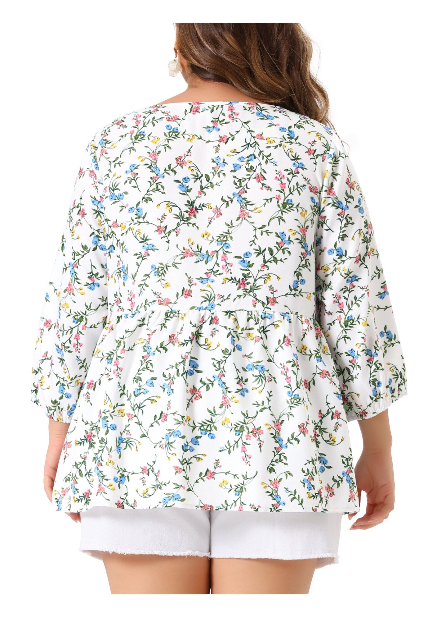 3/4 Sleeves Babydoll Chiffon Keyhole Floral Flowy Top Blouse, White / White, alternate image number 3