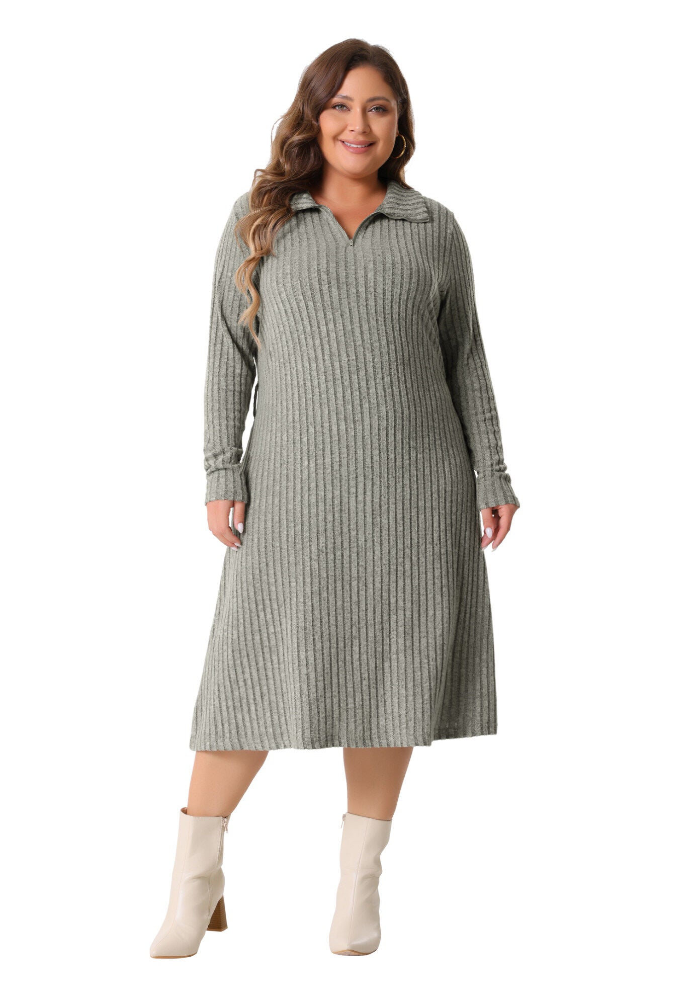 Ribbed Sweater Half Zip Front Tie Waist Knit Midi Dress with Belt, Grey / Warm Grey, hi-res image number 0