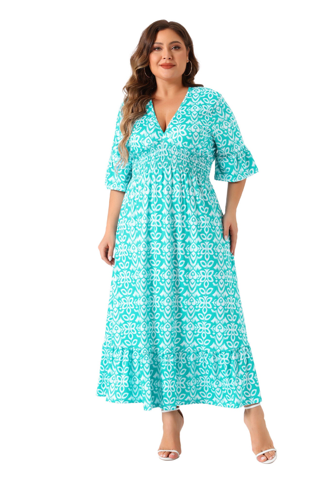 Bell Sleeve Ruffled Hem V Neck Short Sleeve Boho A Line Long Dress, Lake Green / Turquoise, hi-res image number 0