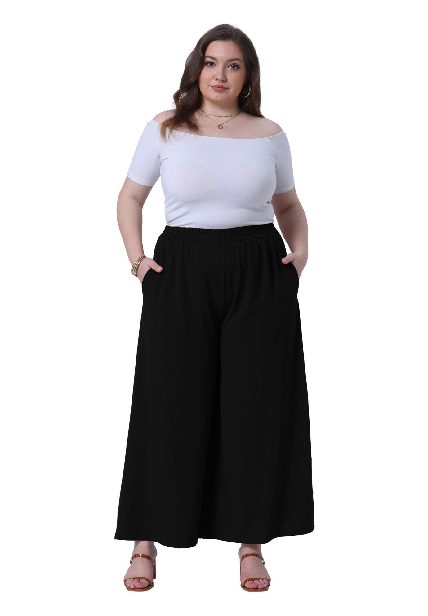 Wide Leg Pockets Casual Summer Palazzo Pants, Black / Black, hi-res image number 0