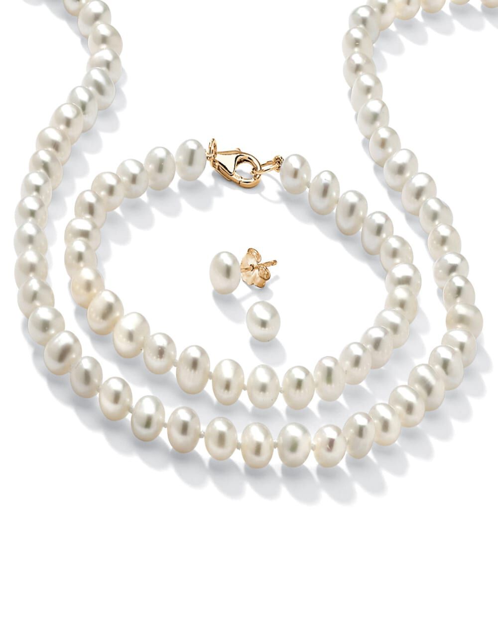 Genuine Cultured Freshwater Pearl 3-Piece Set 14k Gold-plated Sterling Silver, White / White, hi-res image number 0
