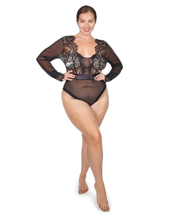 Women's Josephine Long Sleeve Lace Mesh Bodysuit, Black / Black, alternate image number null