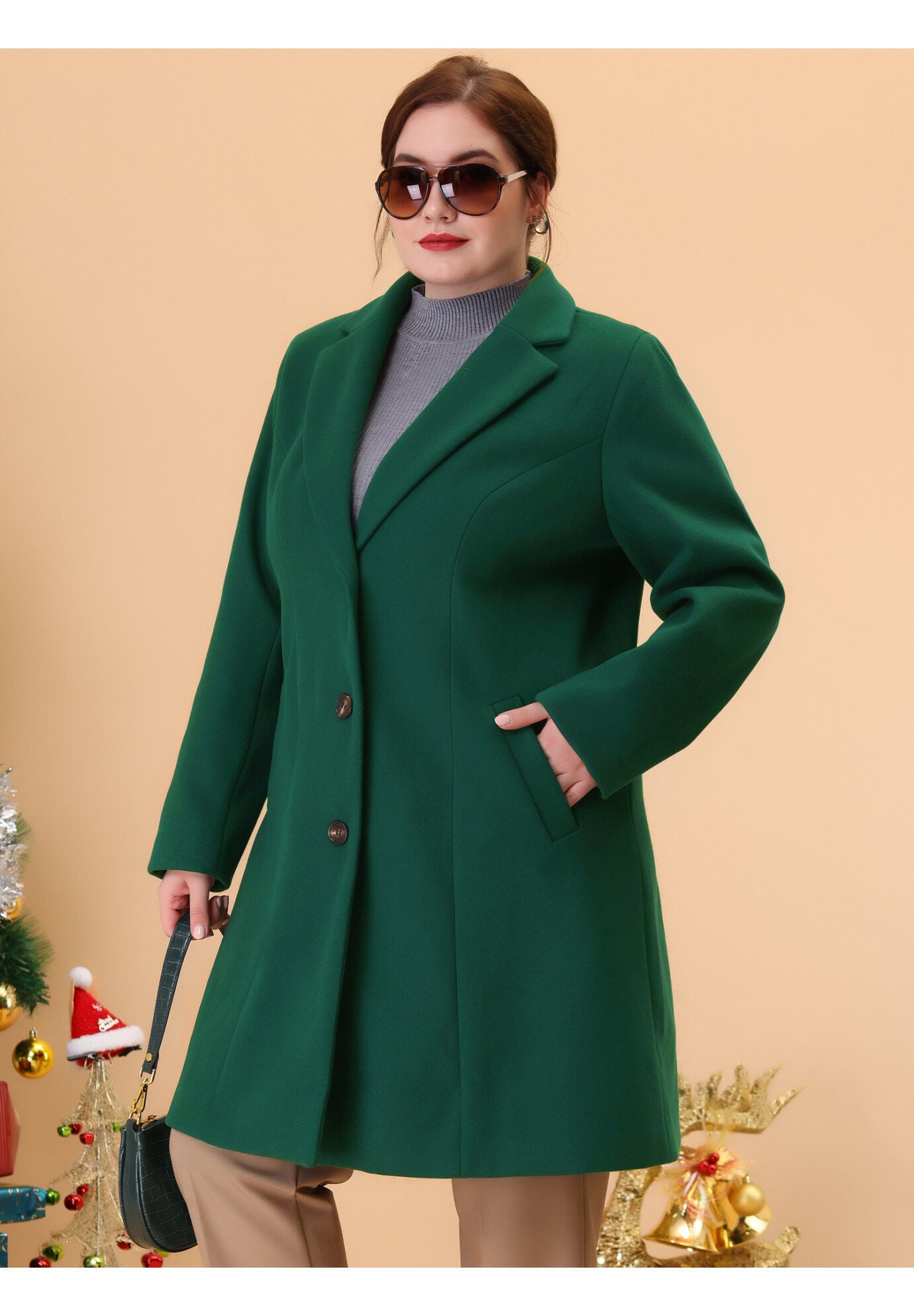 SINGLE BREASTED NOTCHED LAPEL LONG WINTER COAT, Green / Forest Green, hi-res image number 0