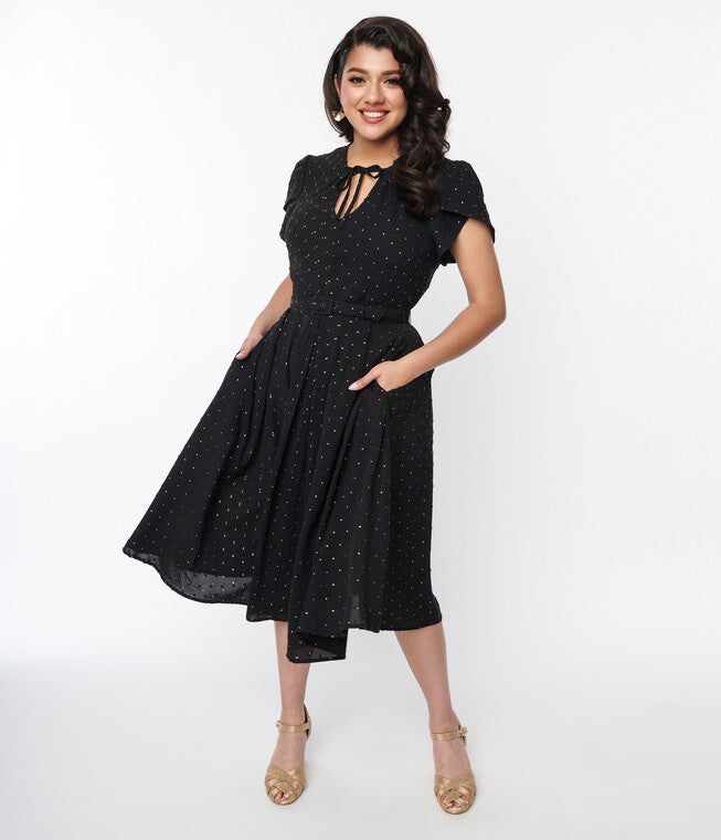 Black & Gold Clip Dot Dahlia Swing Dress, Black Gold Clip Dot / Black, alternate image number null