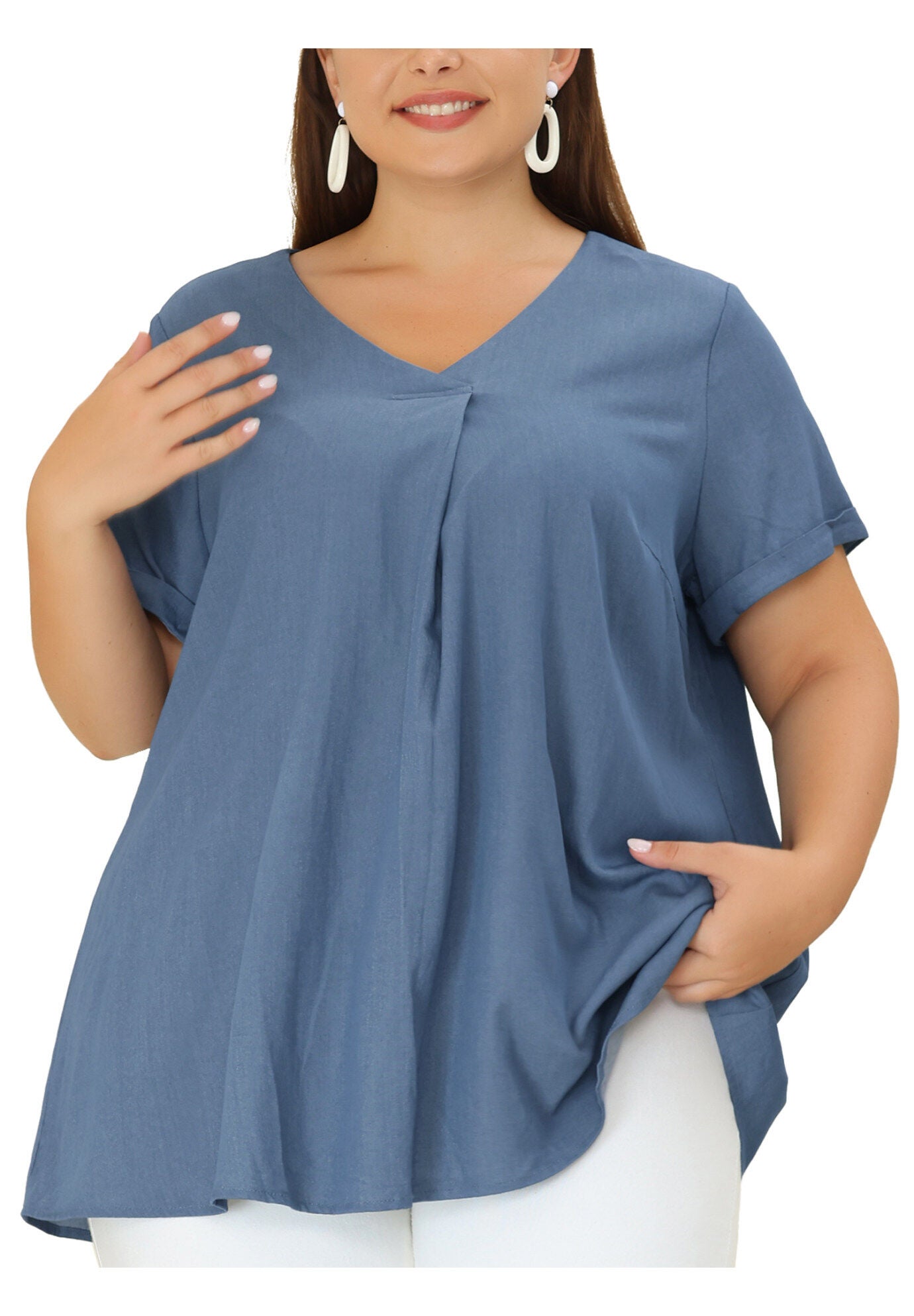 Chambray Pleat Front V Neck Short Sleeve Blouse Top, Dark Blue / Navy, alternate image number 2