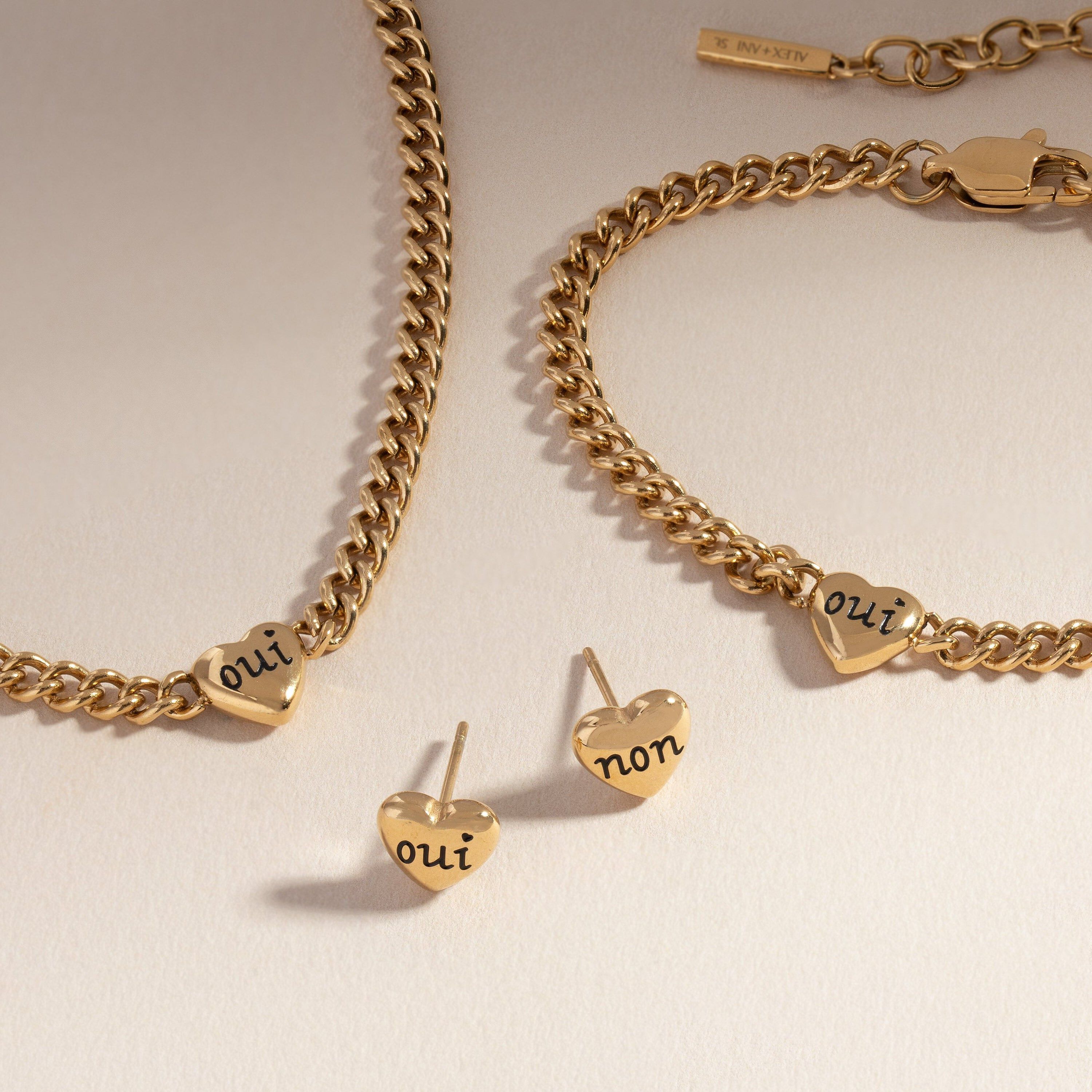 Engraved French &#39;Oui&#39; & &#39;Non&#39; Reversible Heart Bracelet, Gold / Gold, alternate image number 2