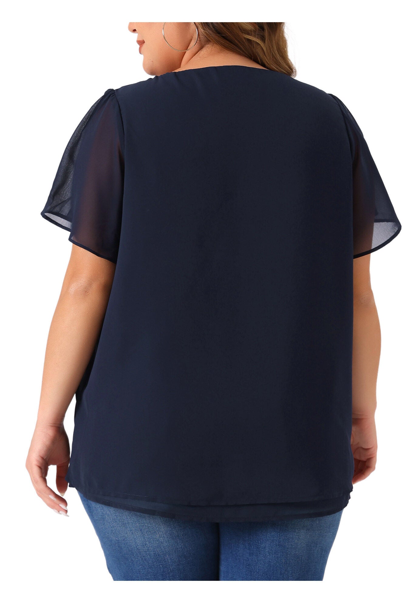 Ruffle Short Sleeve Double-Layered Chiffon Blouse, Navy Blue / Navy, alternate image number 2