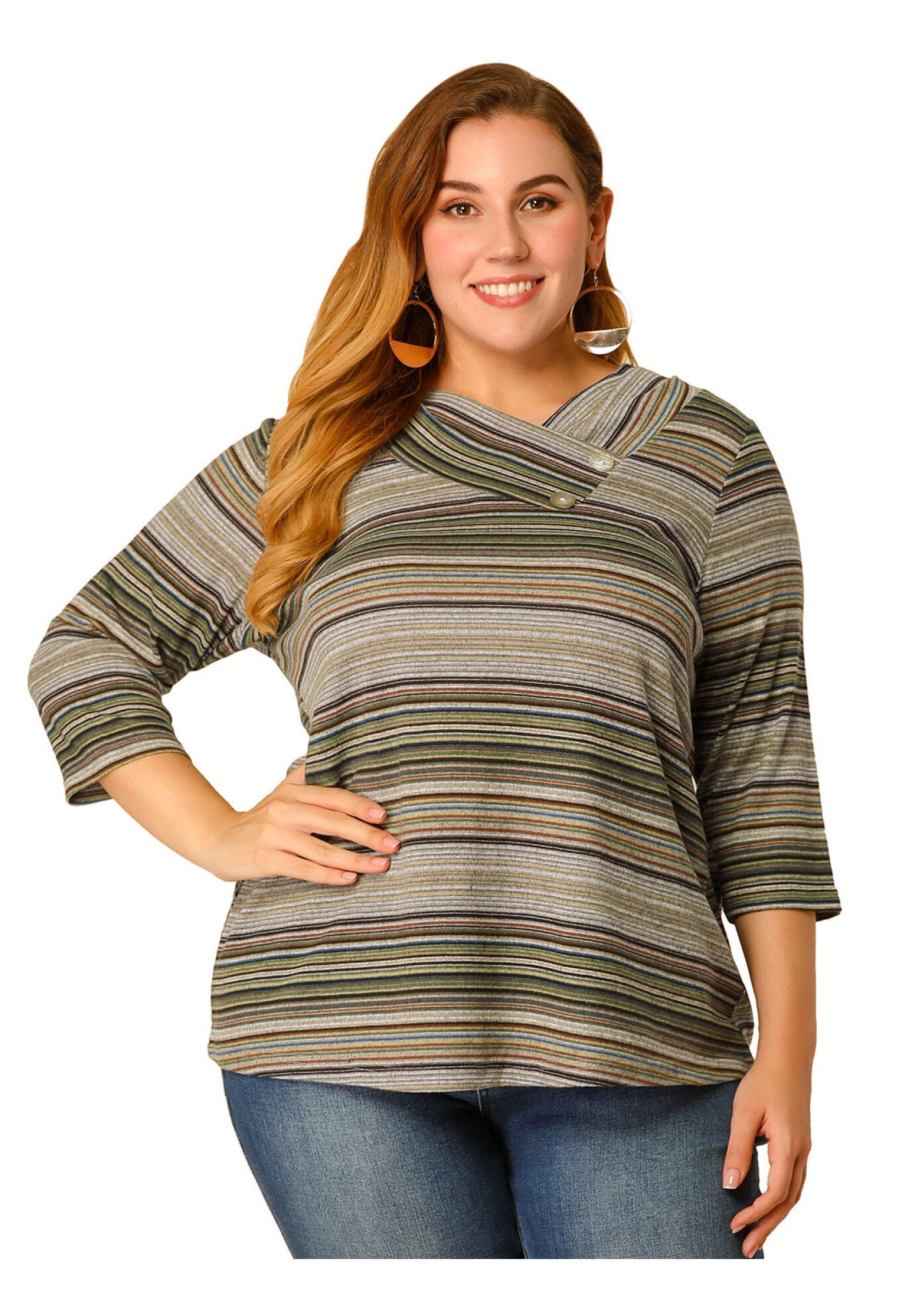 Stripe 3/4 Sleeve Tunic V Neck Knit Blouse, Green / Olive Green, alternate image number 3