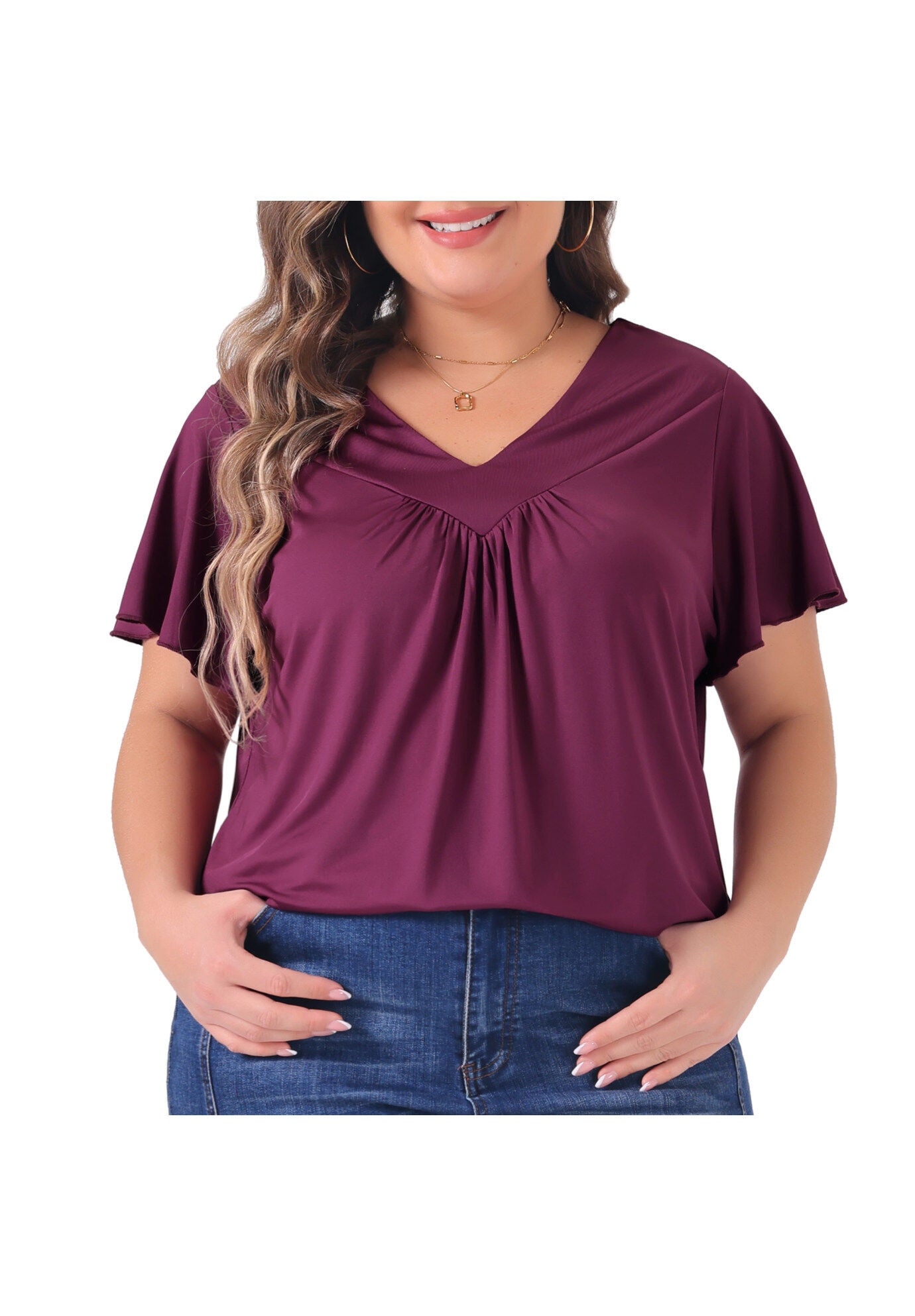 V Neck Ruffle Short Sleeve T-Shirt Top, Purple Red / Purple, alternate image number 2