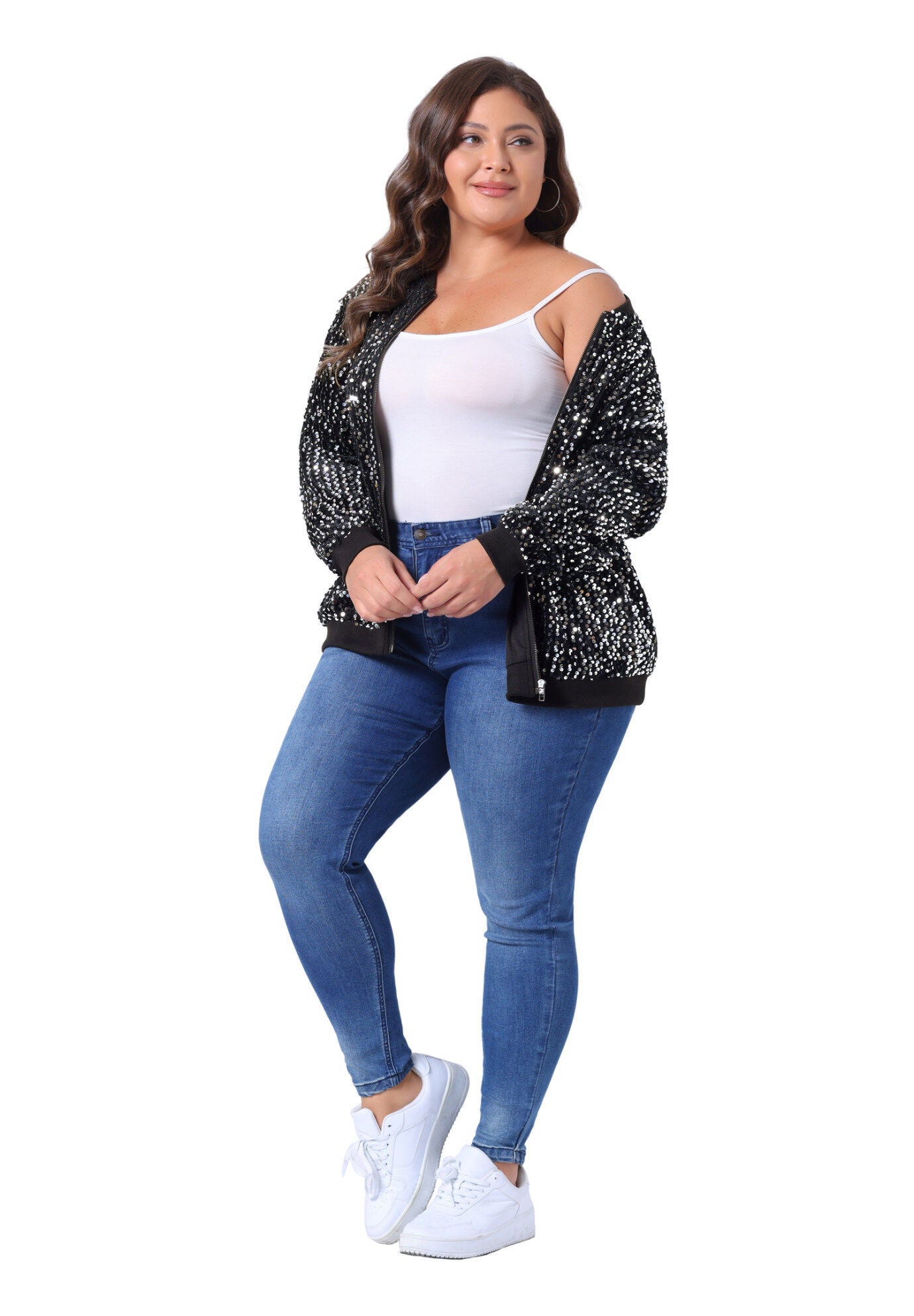 SEQUIN SPARKLE FRONT ZIP BOMBER JACKET, Silver / Silver, hi-res image number 0