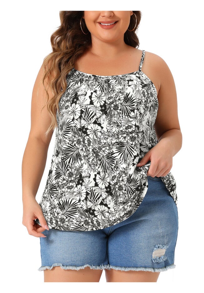 Boho Floral Loose Cami Spaghetti Strap Tunic, Black / Black, alternate image number 1