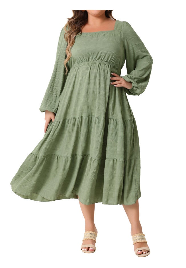 Square Neck Long Sleeve Flowy A Line Tiered Midi Dress, Green / Sage Green, alternate image number null