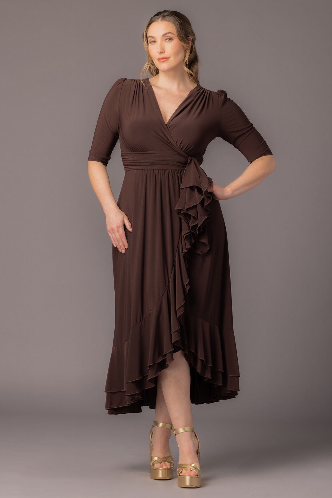 Veronica Ruffle Evening Gown, Chocolate / Brown, alternate image number 4