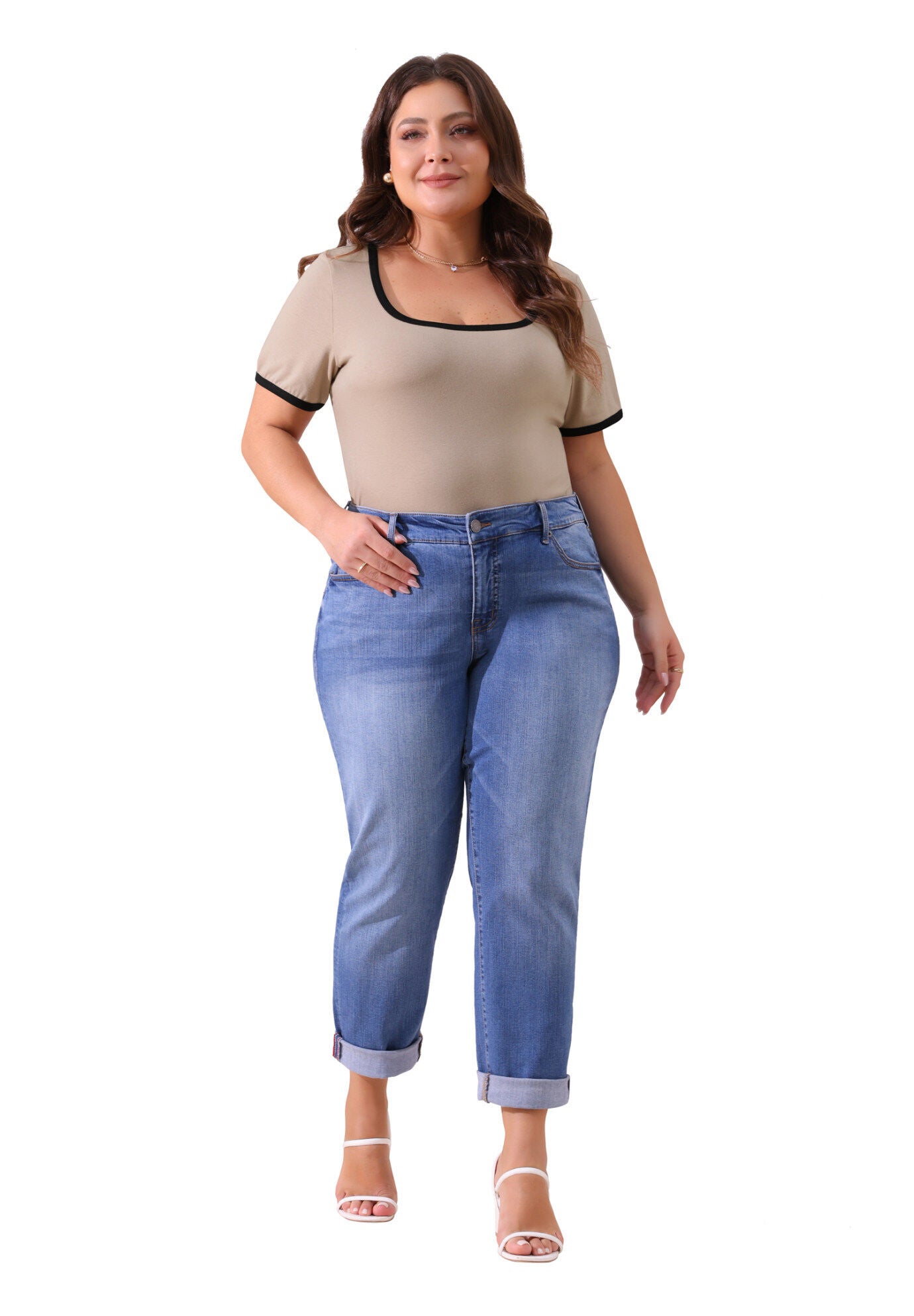 Square Neck Short Sleeve T-Shirt Ribbed Knit Color Block Slim Top, Light Camel / Beige, hi-res image number 0