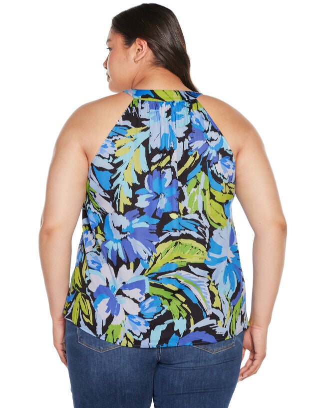 Plus Size Abstract Floral Tie-Neck Sleeveless Top, Blue Combo / Azure Blue, alternate image number null