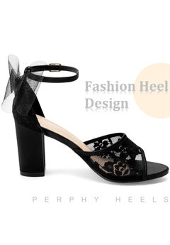Lace Open Toe Bow Ankle Strap Block Heel Sandals