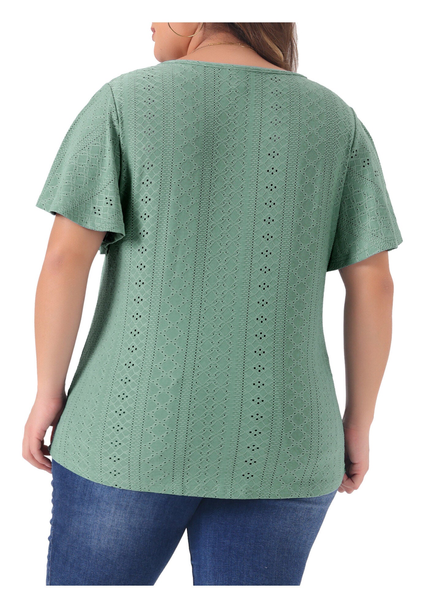 V NECK LOOSE FIT RUFFLE SLEEVE SUMMER HOLLOW TOP, Green / Light Green, alternate image number 3