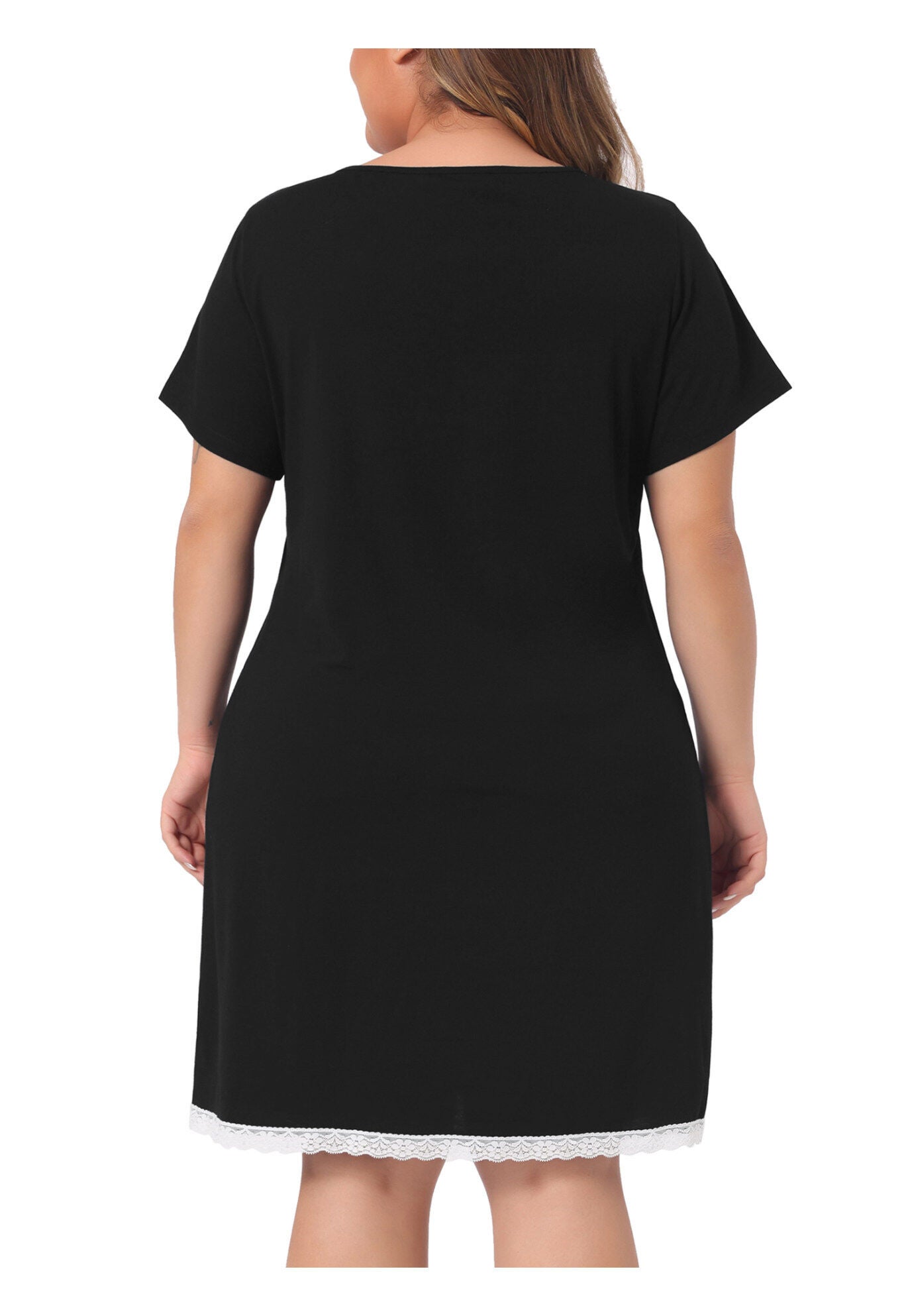 Short Sleeve Lace Trim Pajama Nightshirt, Black / Black, alternate image number 3