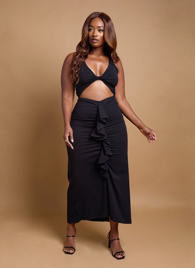 LUNA RUFFED CUT OUT MAXI DRESS, Black / Black, alternate image number 3
