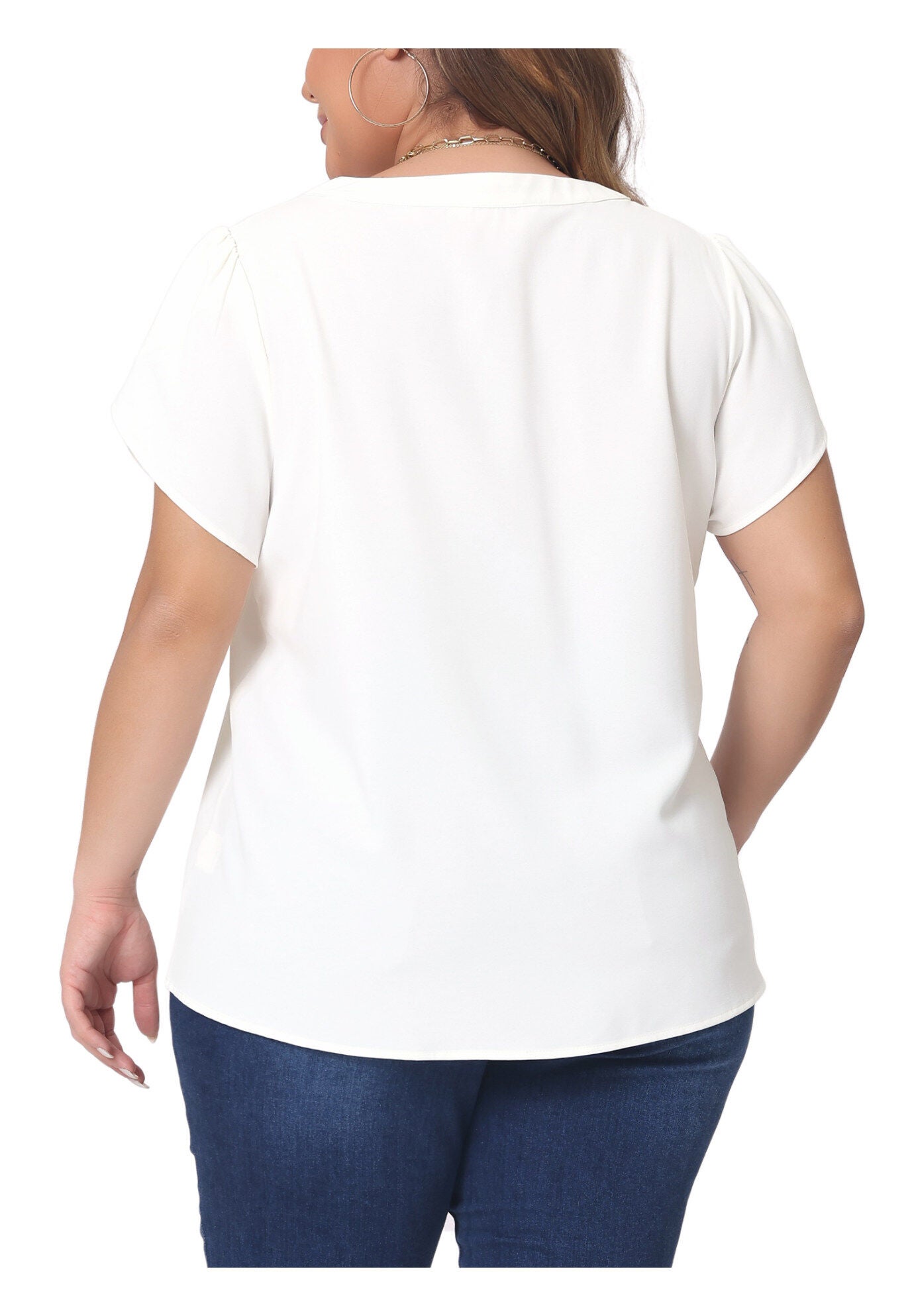 Notched V Neck Short Petal Sleeve Shirt Top, White / White, alternate image number 3