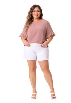 ROUND NECK RUFFLE SLEEVE SWISS DOTS TEE T-SHIRT TOP