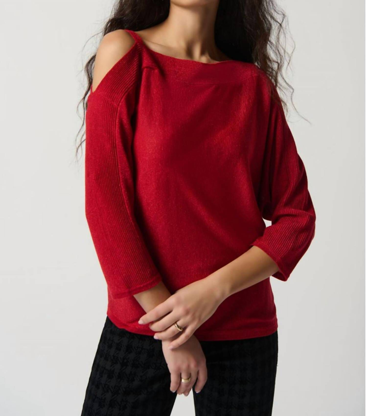 SWEATER KNIT ONE-SHOULDER TOP IN LIPSTICK RED, Lipstick Red / Red, hi-res image number 0