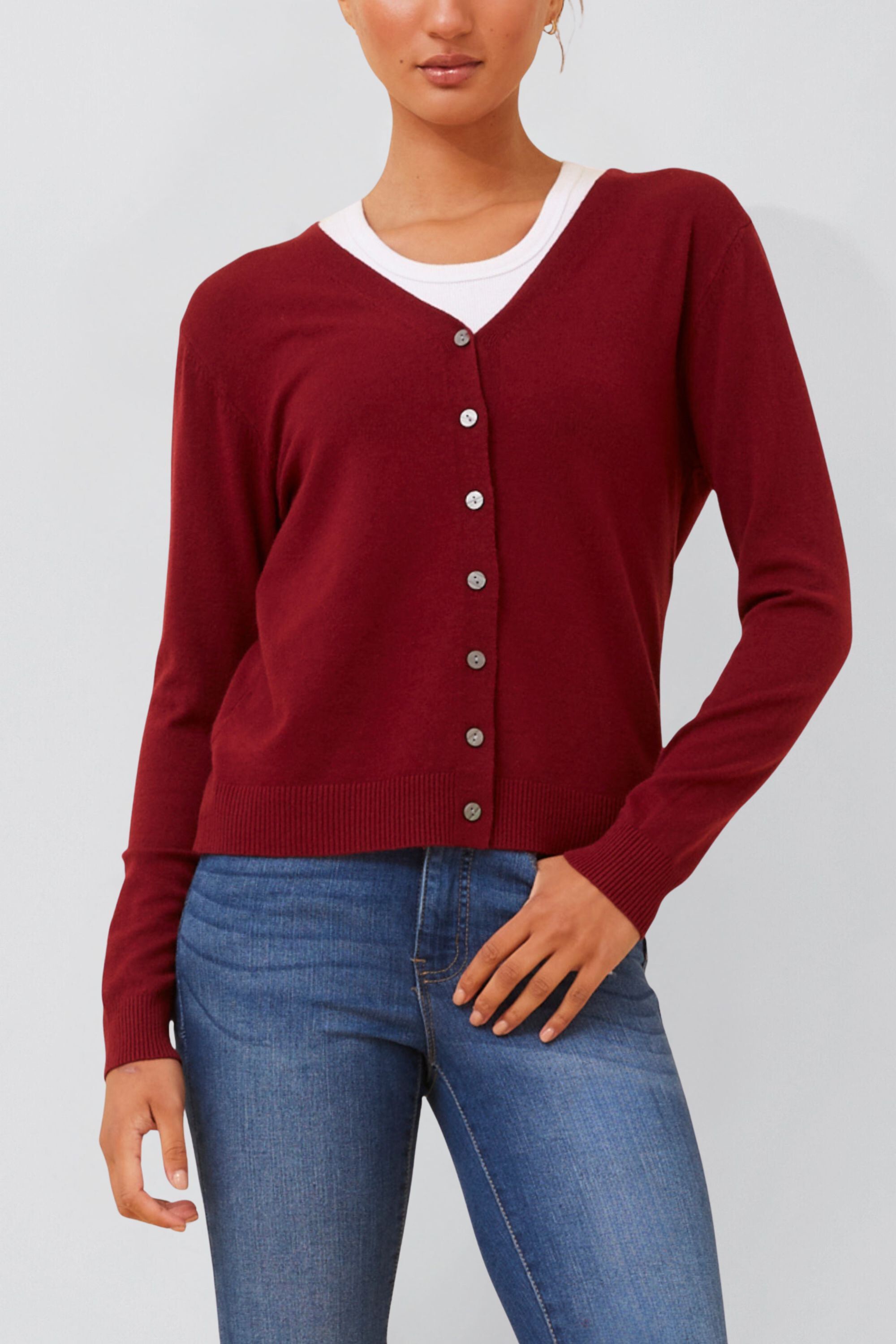 Collette Lightweight Solid Cardigan Button Front Long Sleeves, RED / Red, hi-res image number 0