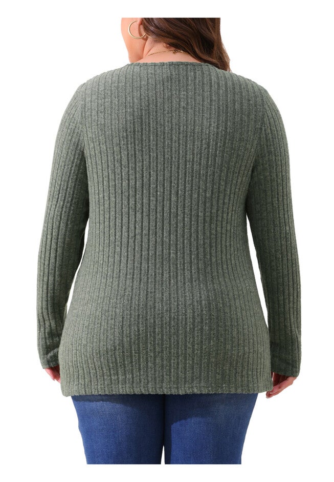 V Neck Long Sleeve Ribbed Brushed Tunic Blouse, Green / Olive Green, alternate image number 3