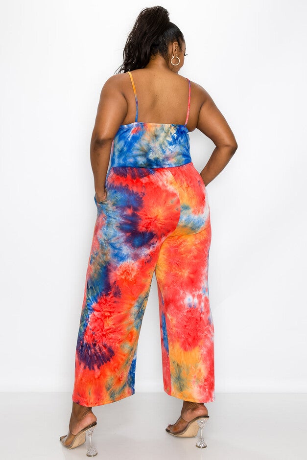 TIE DYE CAMI NECK WIDE LEGGED POCKET JUMPSUIT, , alternate image number 7