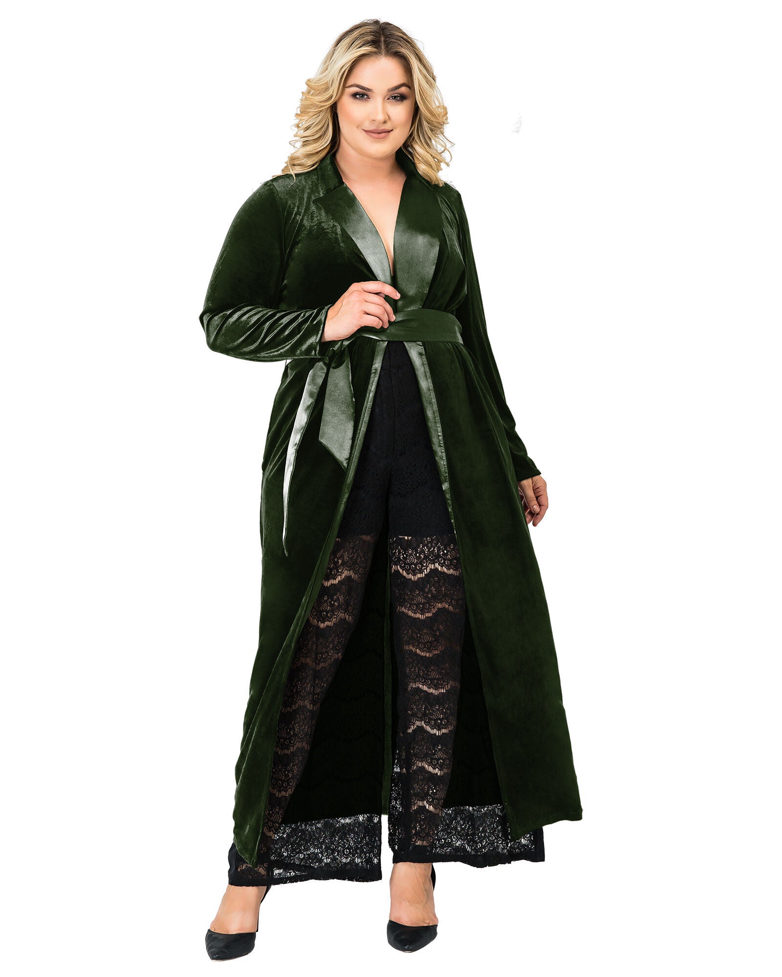 Plus Size Freya Stretch Velvet Wrap Midi Coat Dress With Satin Lapel And Satin Belt, GREEN / Hunter Green, alternate image number 1