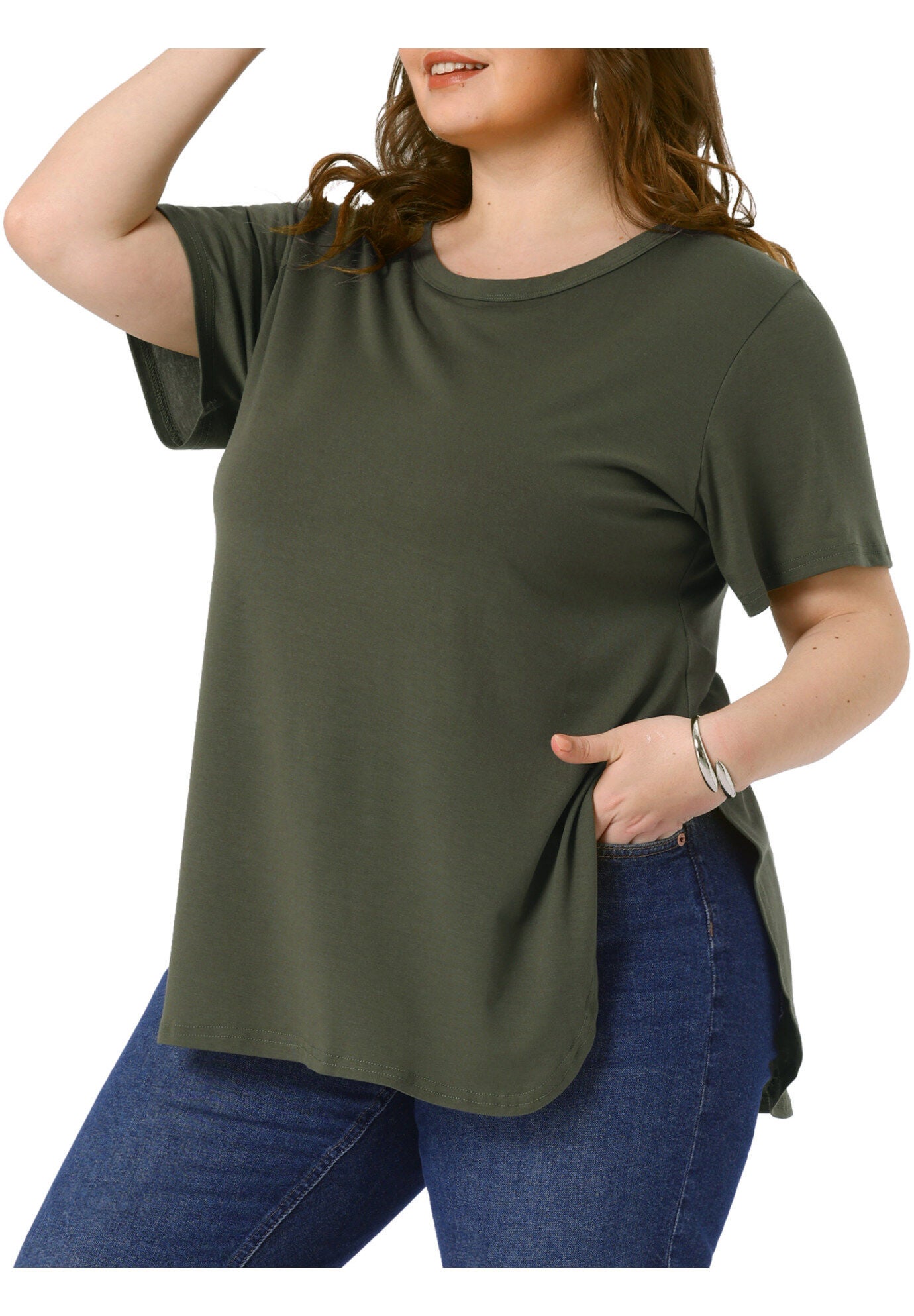 Short Sleeve Round Neck Side Split Hem T-Shirts, Army Green / Olive Green, alternate image number 1