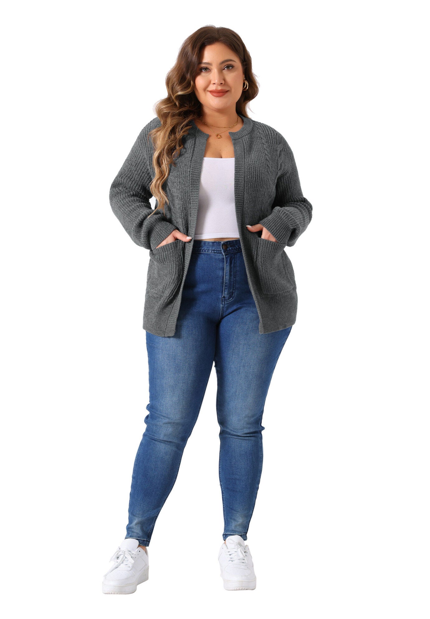 Long Sleeve Crew Neck Knit Cardigan Sweaters with Pockets, Gray / Charcoal Grey, hi-res image number 0