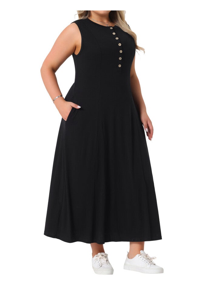 Summer Sleeveless Button A Line Tank Maxi Dress with Pockets, Black / Black, alternate image number 2