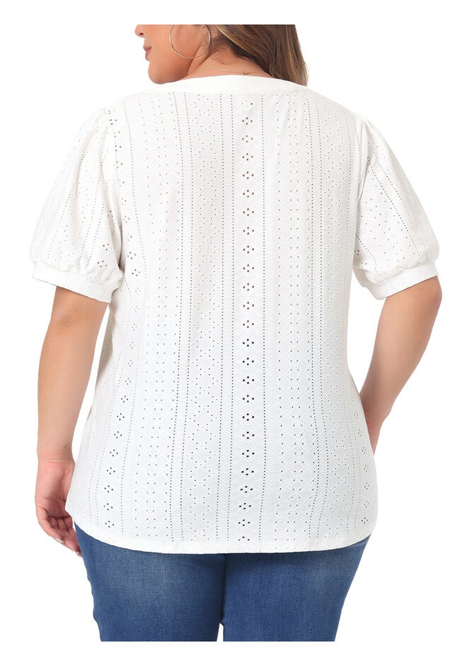 Hollow Casual V Neck Short Sleeve Summer Blouse, White / White, alternate image number 3