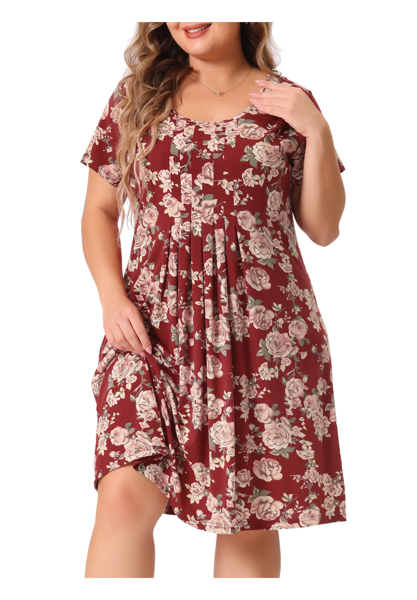 Short Sleeves Pleated Summer Beach Casual Loose Floral Dress, Burgundy / Red, alternate image number 1