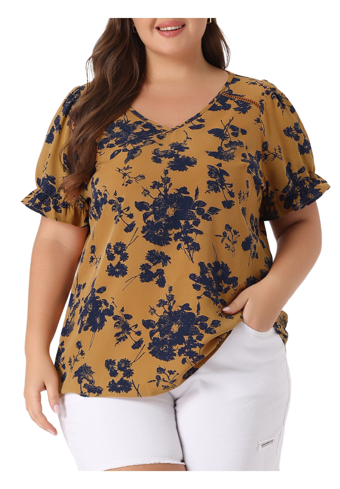 V Neck Ruffle Short Sleeve Chic Summer Blouses, Brown / Brown, alternate image number 2