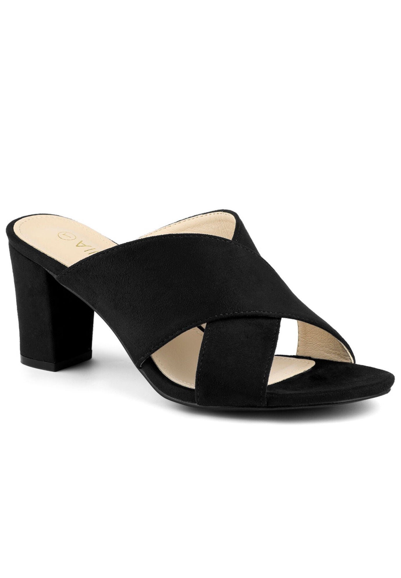 Crisscross Strap Block Heel Slide Sandals, Black / Black, hi-res image number 0