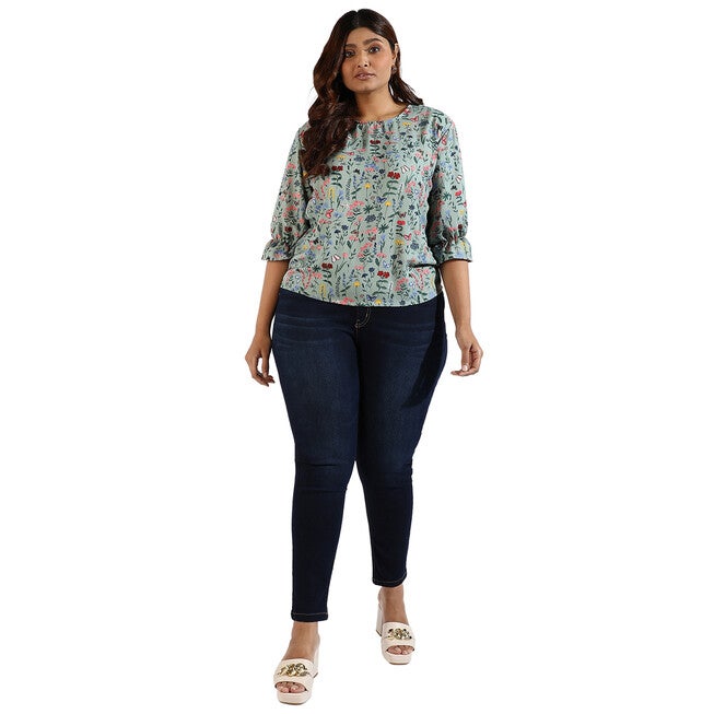 Women Floral Design Casual Top, Mint / Mint, alternate image number 1