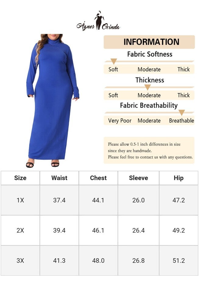 Turtleneck Long Sleeve Bodycon Long Maxi Pencil Dress, Royal Blue / Royal Blue, alternate image number null