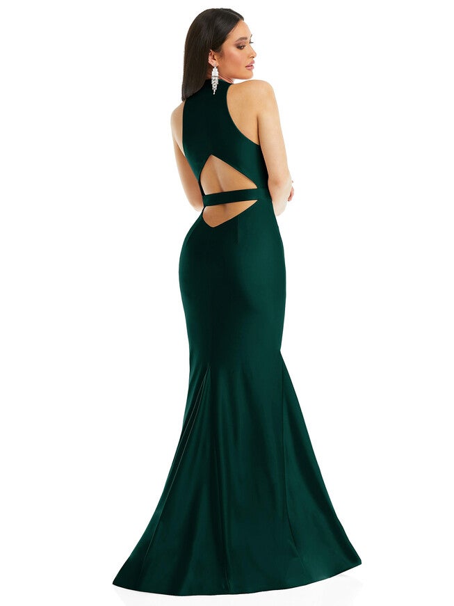 Plunge Neckline Cutout Low Back Stretch Satin Mermaid Dress, Evergreen / Hunter Green, alternate image number 2